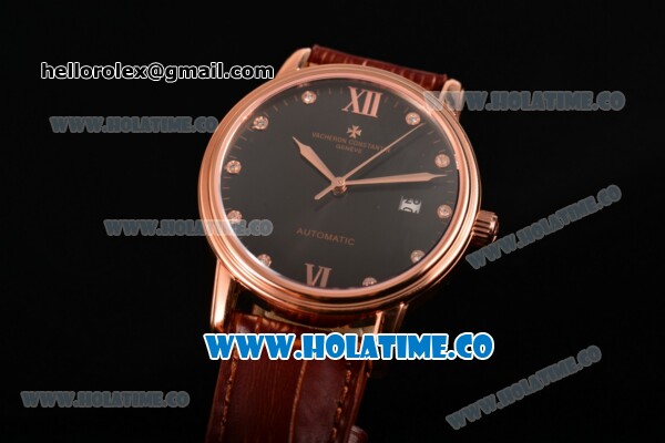 Vacheron Constantin Patrimony Miyota 9015 Automatic Rose Gold Case with Black Dial and Roman Numeral/Diamonds Markers - Click Image to Close